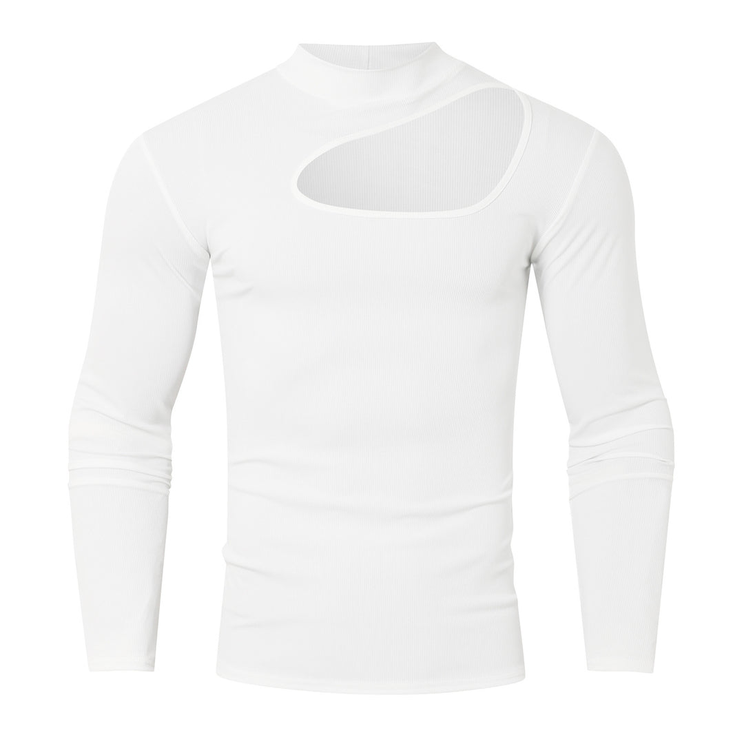 Women's fitted long sleeve top made of fine rib jersey with asymmetrical shoulder neckline and high collar Mune Fashion