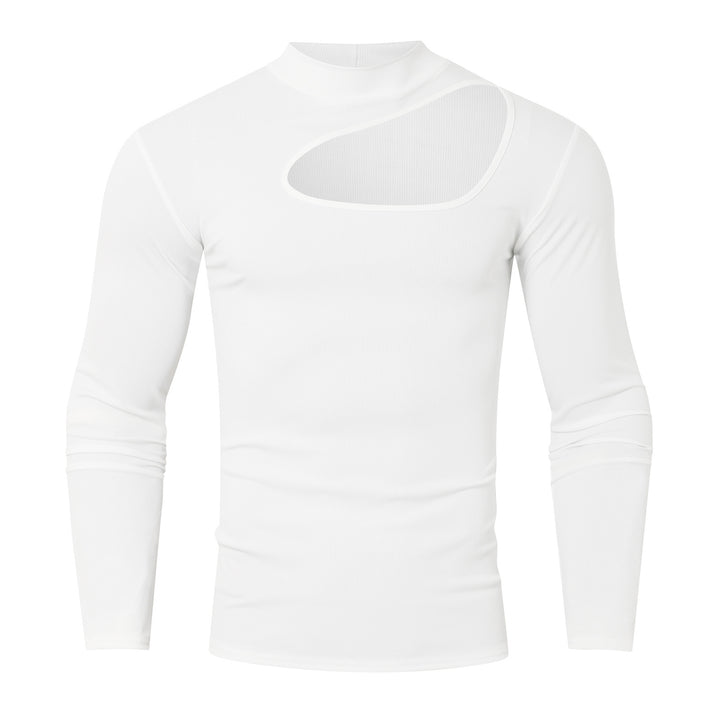 Women's fitted long sleeve top made of fine rib jersey with asymmetrical shoulder neckline and high collar Mune Fashion