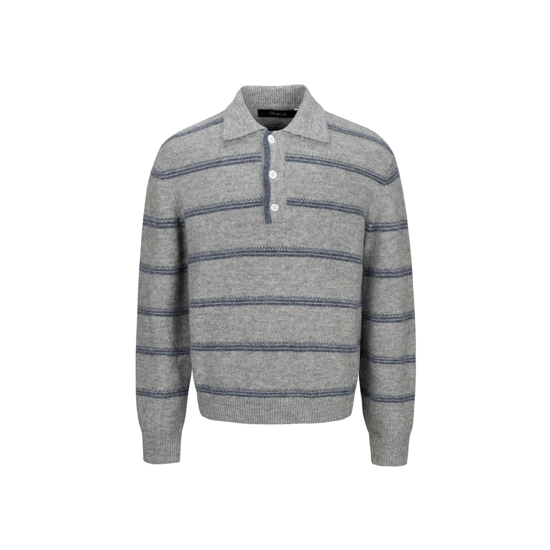 Men's Chunky Knit Polo Collar Sweater with Half Button Placket and Striped Structure Mune Fashion