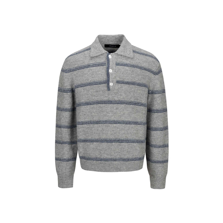 Men's Chunky Knit Polo Collar Sweater with Half Button Placket and Striped Structure Mune Fashion