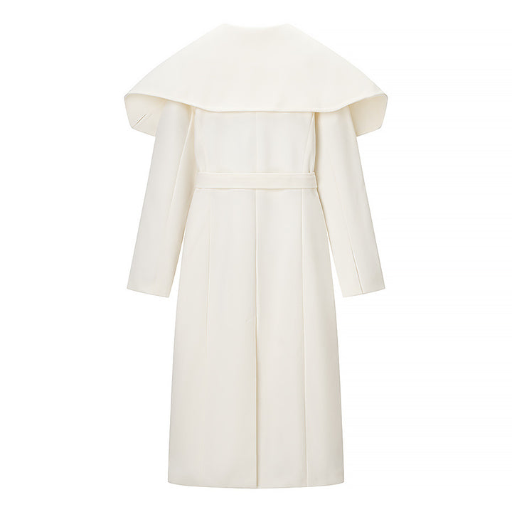 Women's Maximal Long Tailored Wool Blend Coat with Oversized Shawl Collar and Belt Mune Fashion