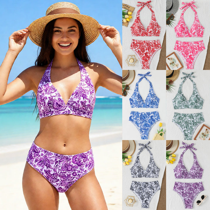 Women's High-Waisted Bikini Set with Floral Design and Playful Halter Top Mune Fashion