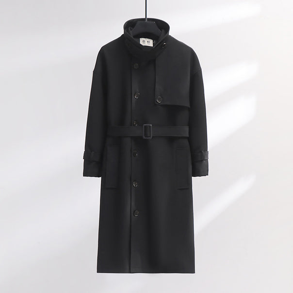 Men's trench coat in modern wool blend with belt, shawl collar, and patch pockets Mune Fashion