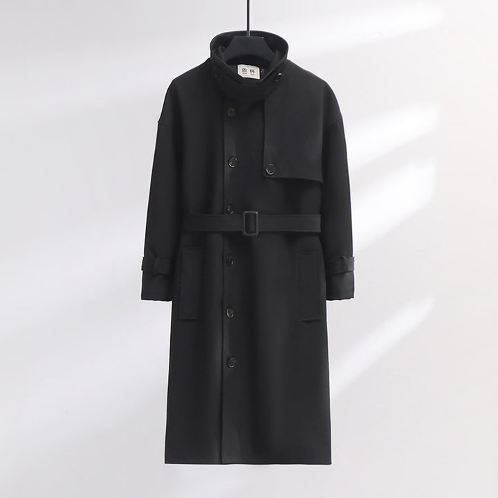 Men's trench coat in modern wool blend with belt, shawl collar, and patch pockets Mune Fashion