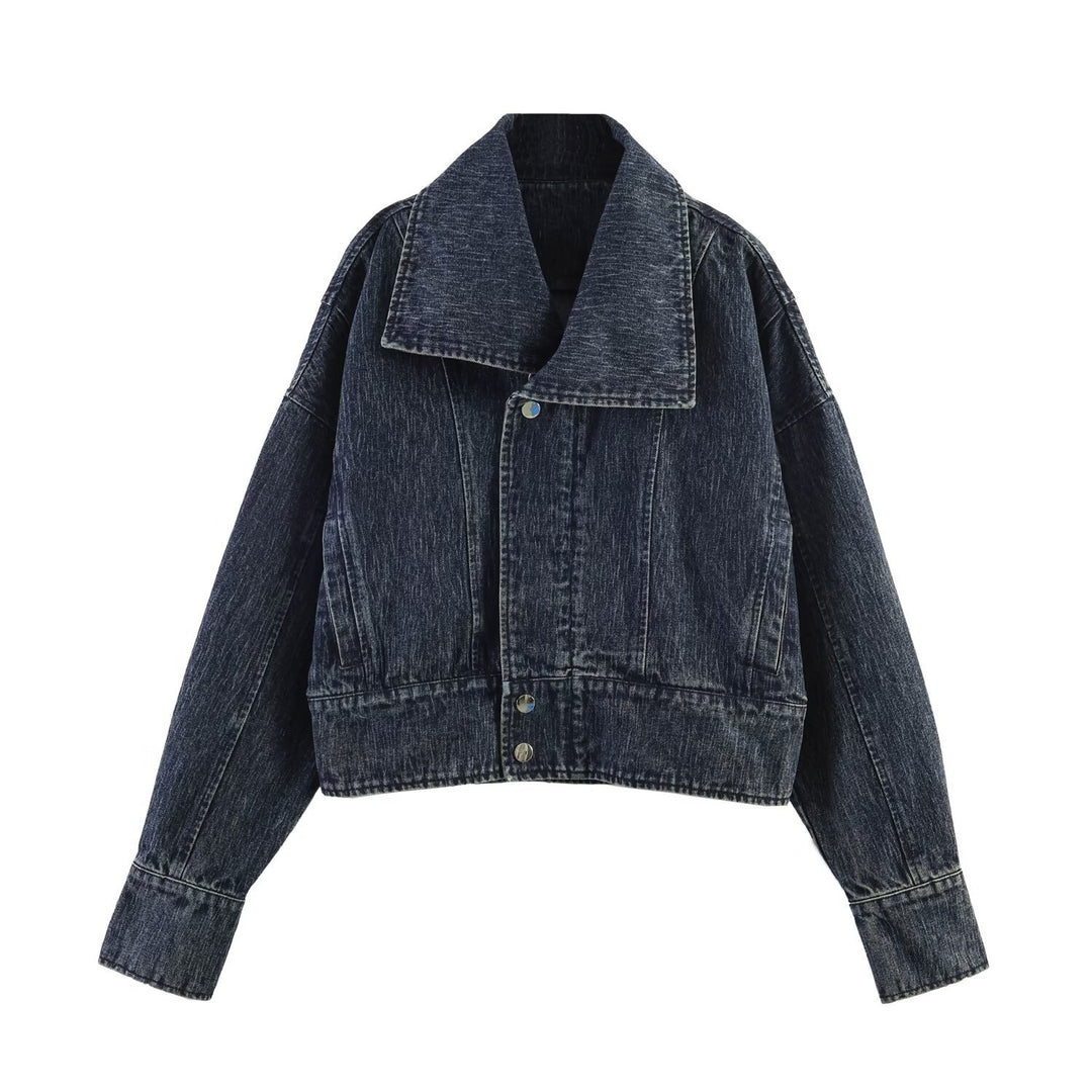 Ladies oversized denim jacket with large shawl collar and used effect Mune Fashion