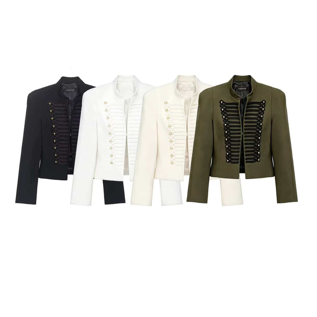 Ladies short jacket inspired by military with stand-up collar and decorative cords Mune Fashion