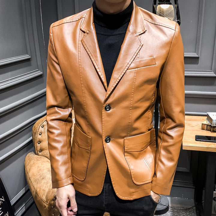 Men's Casual Slim-Fit Faux Leather Blazer with Notched Lapel and Patch Pockets Mune Fashion