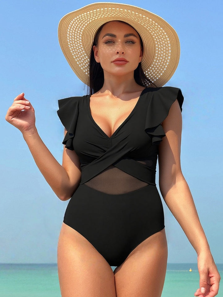 Ladies Elegant One-Piece Swimsuit with Asymmetric Ruffle Design Mune Fashion