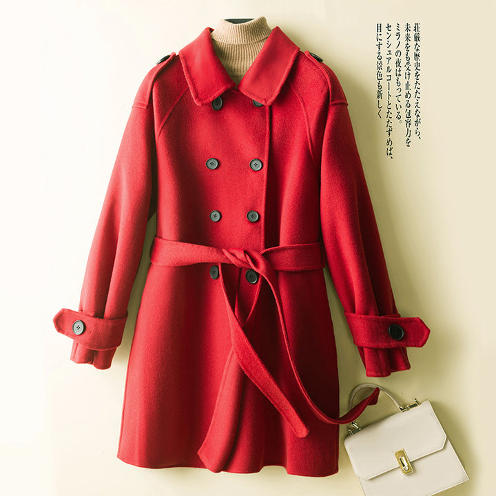 Women's Double-Breasted Wool Blend Coat with Waist Belt, Epaulettes and Adjustable Cuffs Mune Fashion