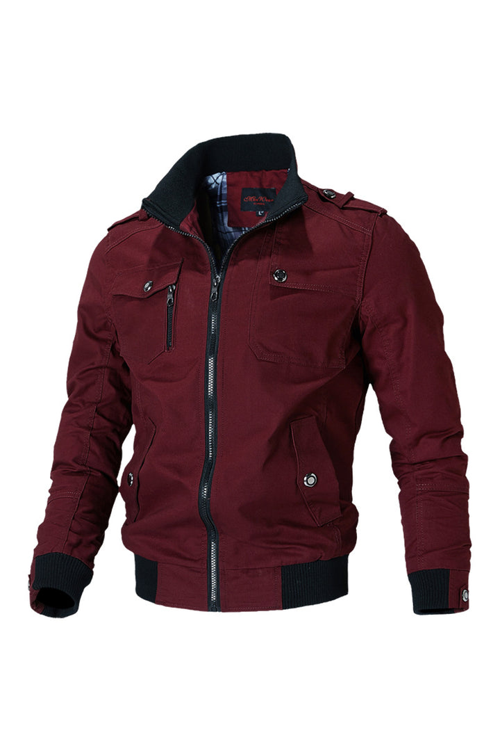 Men's short bomber jacket with stand-up collar, concealed zipper and multiple pockets.