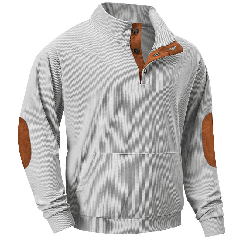 Men's knitted stand-up collar sweatshirt with button placket, kangaroo pocket and velvet elbow patches Mune Fashion