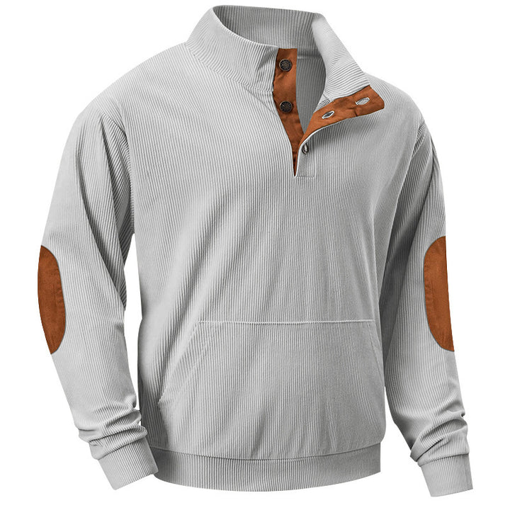 Men's knitted stand-up collar sweatshirt with button placket, kangaroo pocket and velvet elbow patches Mune Fashion