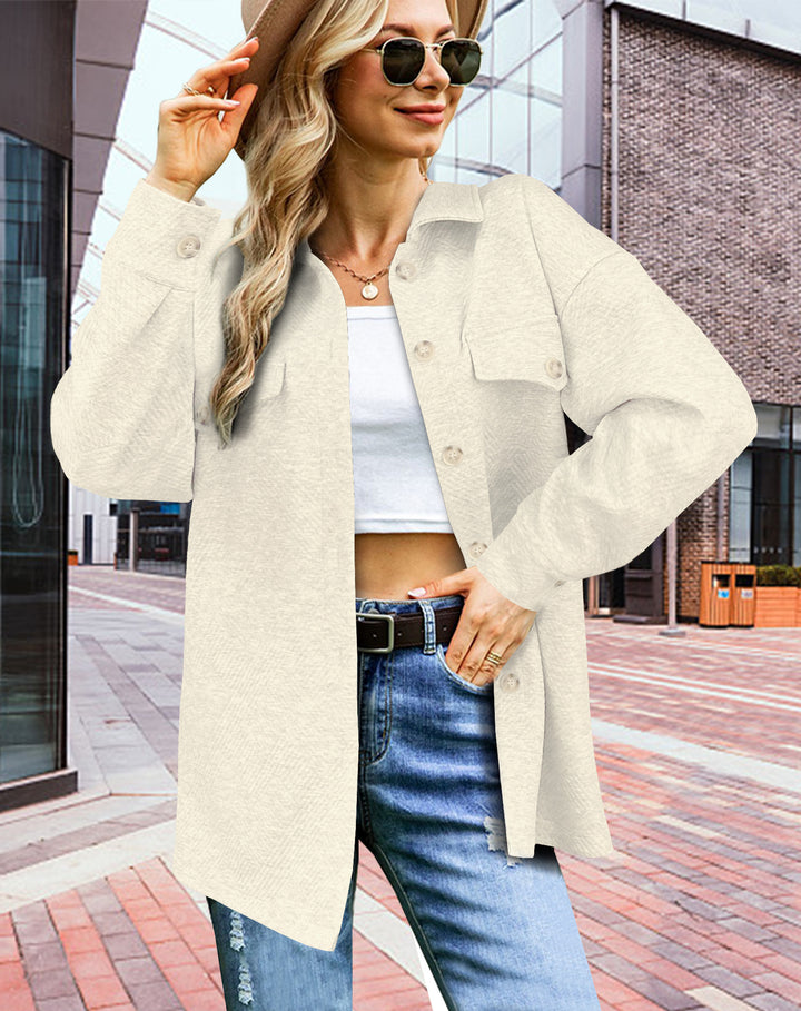 Women's Longline Oversized Shirt Jacket with Flap Pockets and Textured Fabric Mune Fashion