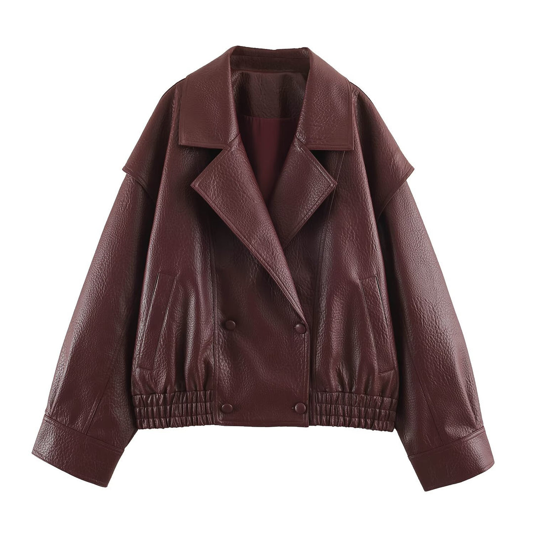 Ladies Oversized Faux Leather Jacket with Double Breasted, Wide Lapels and Elastic Hem Mune Fashion