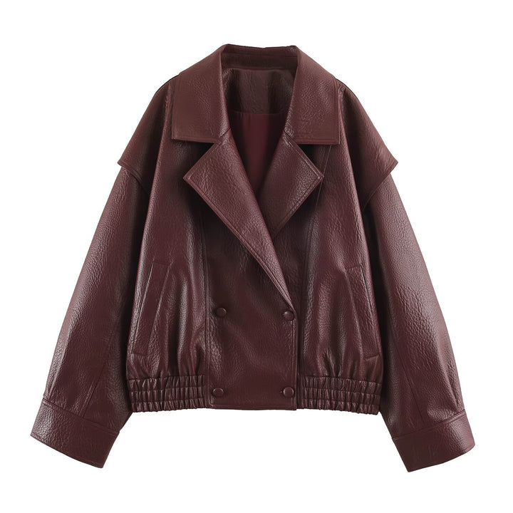 Ladies Oversized Faux Leather Jacket with Double Breasted, Wide Lapels and Elastic Hem Mune Fashion