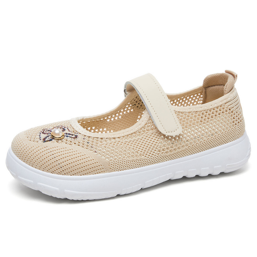 Women's knitted Mary Jane sneakers with Velcro strap, breathable knitted upper, decorative pearl appliqué, and cushioning EVA sole Mune Fashion