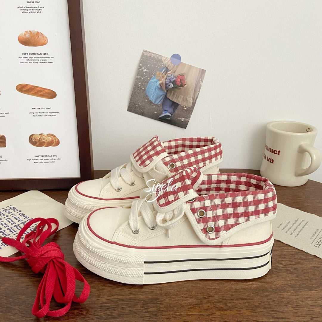 Women's Platform Sneakers with fashionable check pattern and elastic shoelaces Mune Fashion