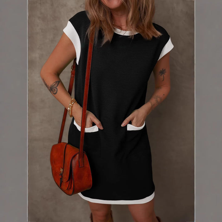Women's Sleeveless A-Line Shift Dress with Contrast Edges, Patch Pockets and Structured Ribbed Look Mune Fashion