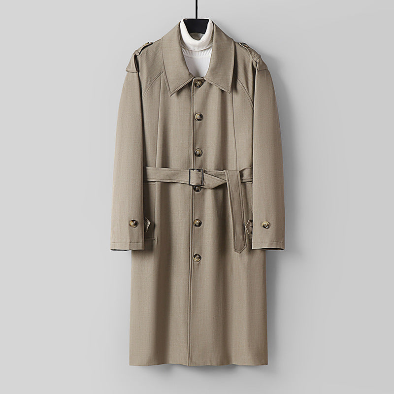 Men's Simple Twill Trench Coat with Adjustable Waist Belt and Shoulder Patches Mune Fashion