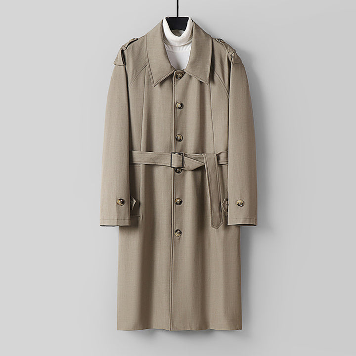 Men's Simple Twill Trench Coat with Adjustable Waist Belt and Shoulder Patches Mune Fashion