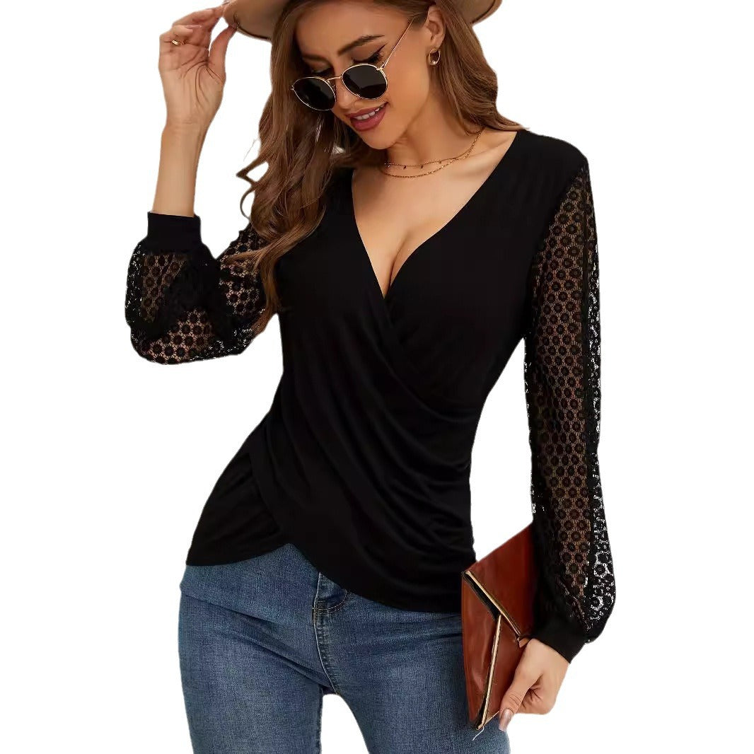 Ladies elegant wrap blouse with lace sleeves and deep V-neck Mune Fashion