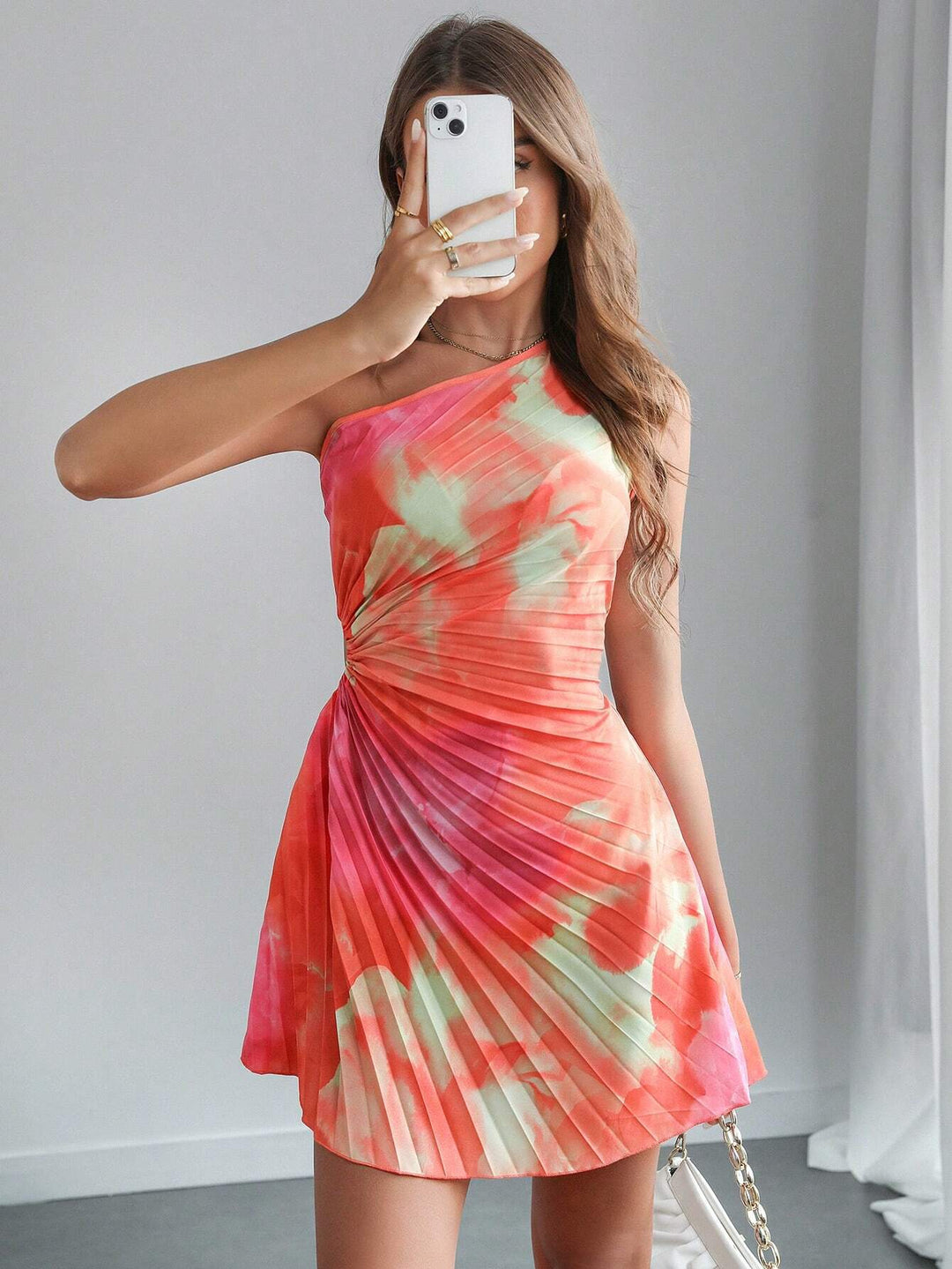 Women One-Shoulder Pleated Mini Dress with Cut-Out and Wrap Detail Mune Fashion