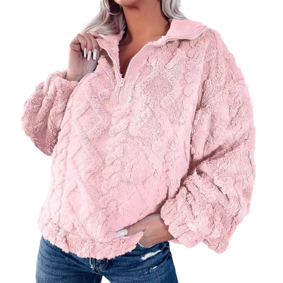 Women's plush Sherpa pullover with half zipper, stand-up collar, and oversized silhouette Mune Fashion