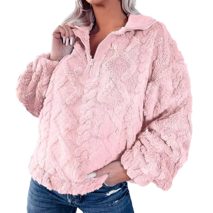Women's plush Sherpa pullover with half zipper, stand-up collar, and oversized silhouette Mune Fashion