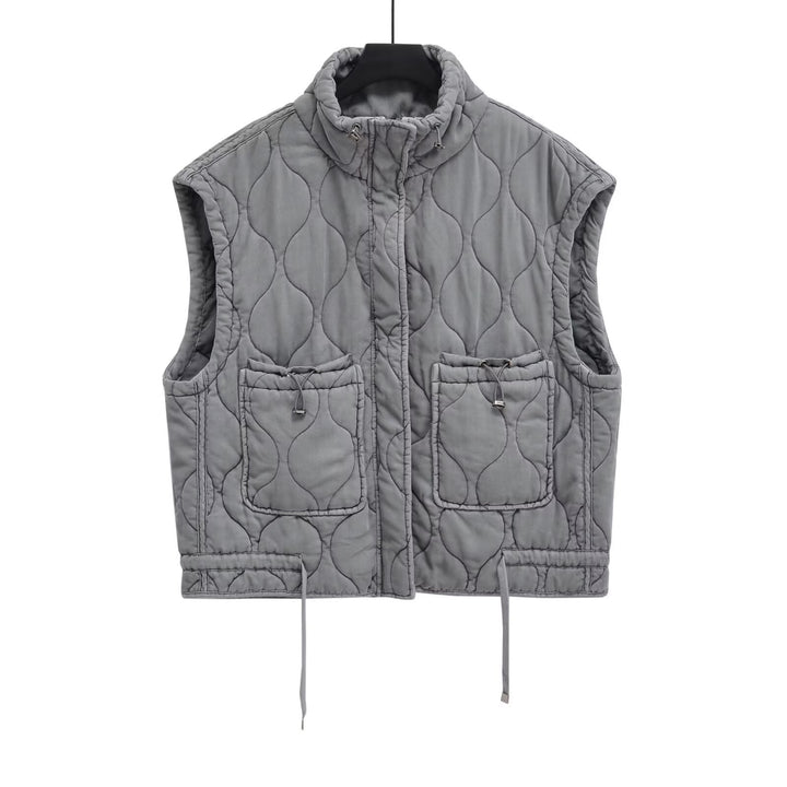 Women 100+ quilted utility vest with stand-up collar, drawstring hem, and patch pockets Mune Fashion