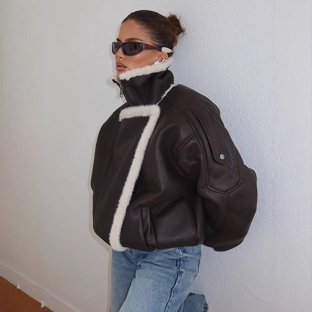 Women's Oversized Flight Jacket made of Faux Leather with Asymmetrical Faux Fur Trim Mune Fashion