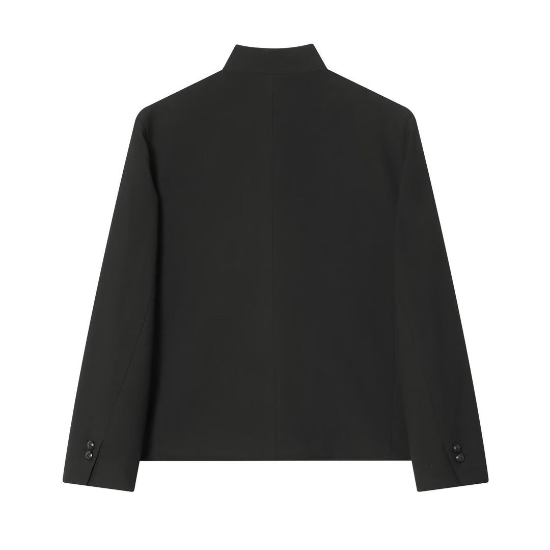 Women Tailored Short Blazer with Stand-Up Collar and Asymmetrical Button Placket Mune Fashion