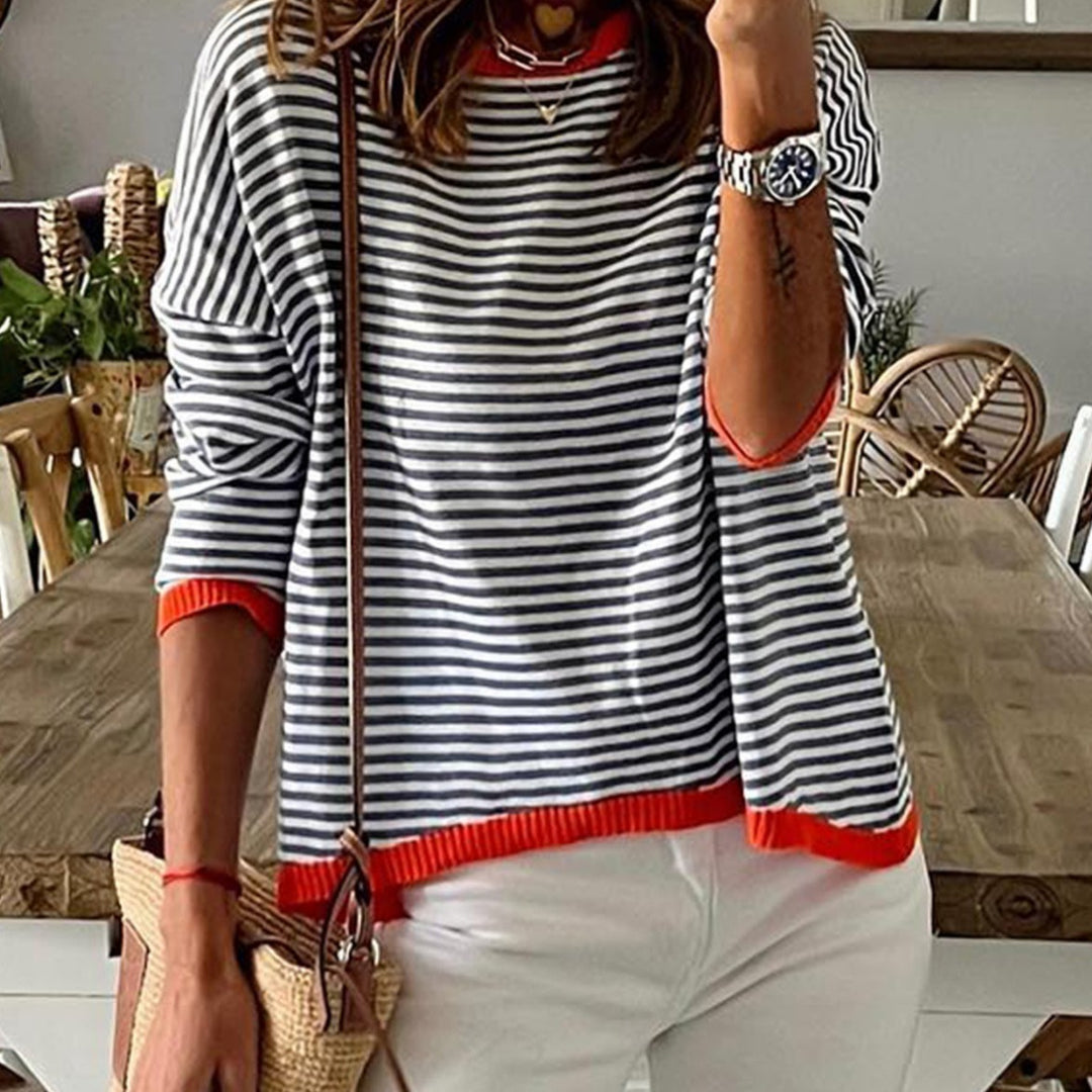 Women's striped cotton sweater with round neckline, casual fit and ribbed finishes Mune Fashion