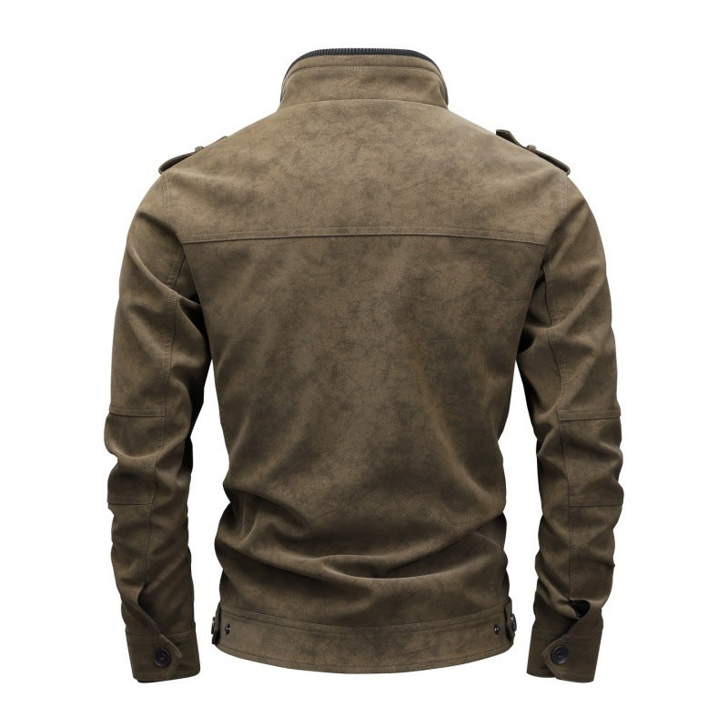 Men's Suede-Look Field Jacket with Stand-Up Collar, Shoulder Flaps and Multiple Zipper Pockets Mune Fashion
