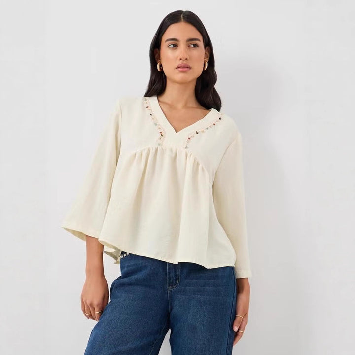 Women's Loose V-Neck Blouse Top with Embroidery Detail and Empire Gathering Drune