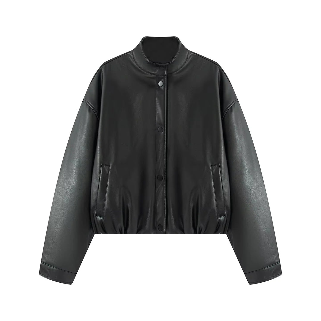 Women's oversized cropped faux leather bomber jacket with stand-up collar and elastic hem Mune Fashion