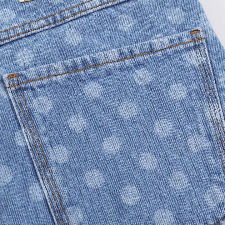 Women Short-Cut Wide-Leg Jeans with Polka Dot Pattern and High Waist Mune Fashion