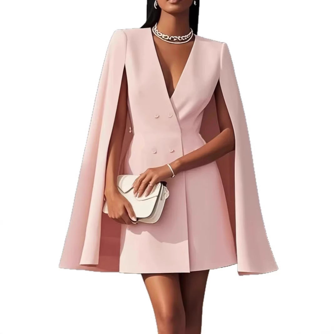Women's Short Blazer Dress with Cape Sleeves and Double-Breasted Button Placket Drune