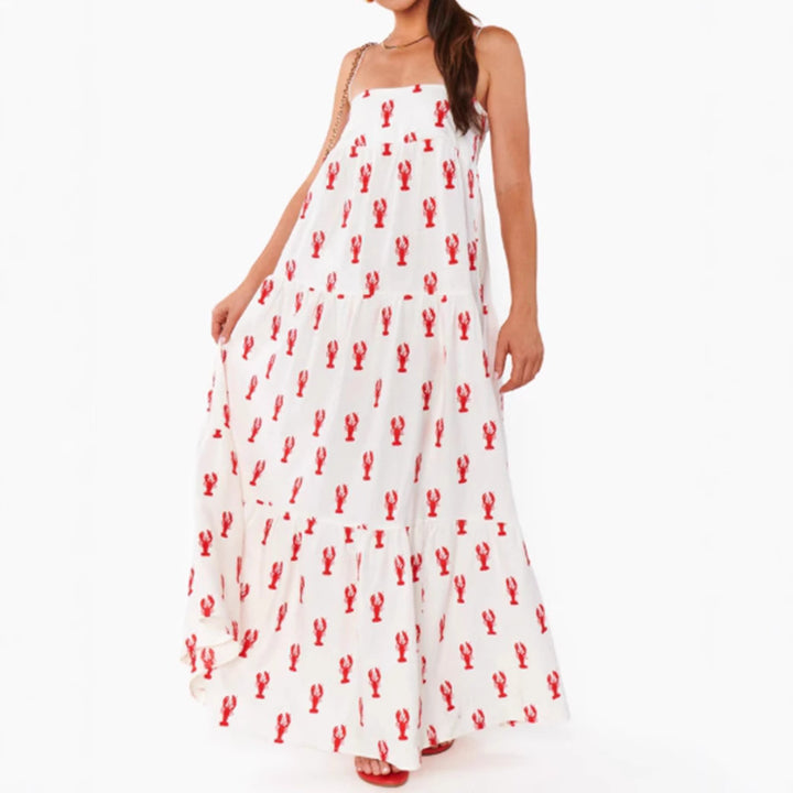 Women's strapless bandeau maxi dress with tiered ruffle skirt and maritime lobster motif Mune Fashion