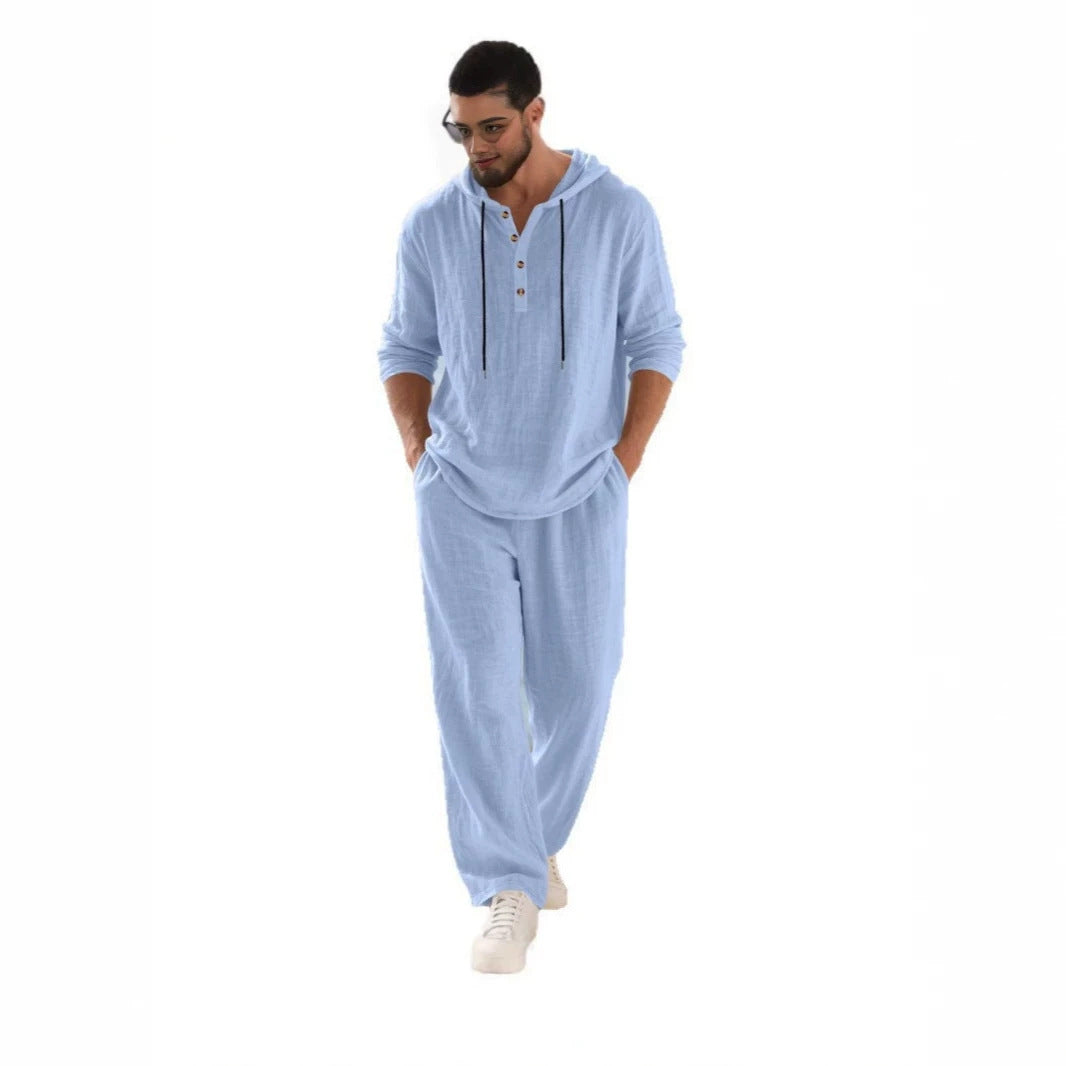 Men's casual linen two-piece set with hooded Henley-style shirt and loose-fitting leisure pants Mune Fashion