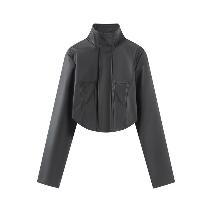Women's Short Leather Look Jacket with Corset Seam and Stand-Up Collar Mune Fashion