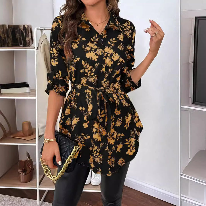Women's loose shirt blouse tunic with floral all-over print, tie belt and rolled-up sleeves Mune Fashion