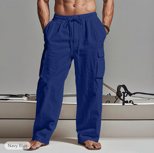 Men's loosely cut linen cargo pants with elastic waistband and drawstring Mune Fashion