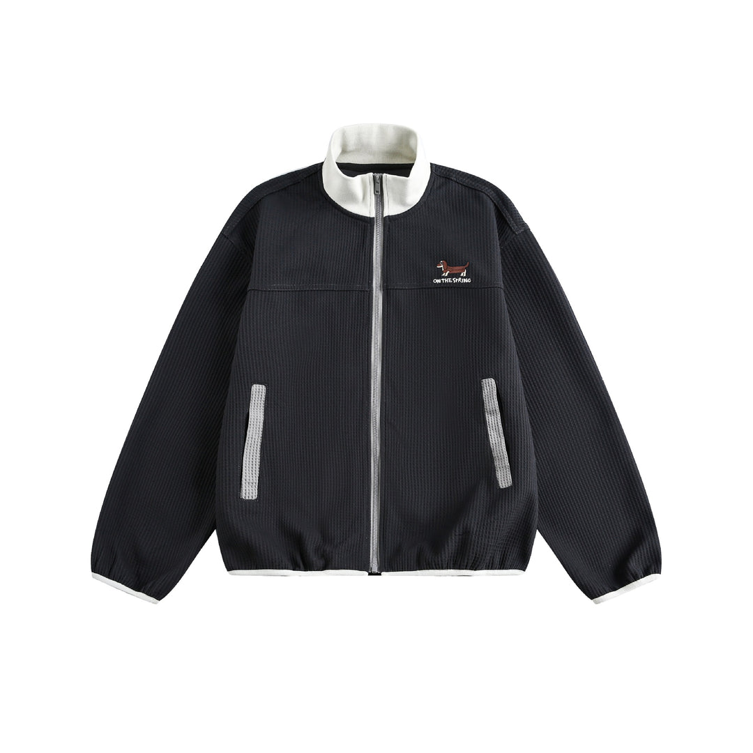 Women’s waffle structure zip jacket in boxy cut with stand-up collar and dog embroidery Mune Fashion