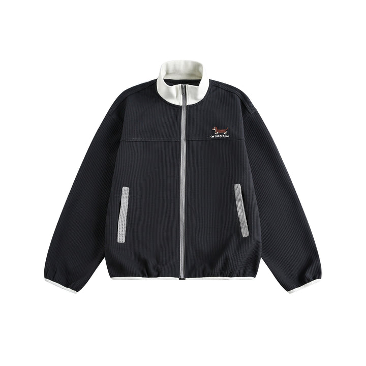 Women’s waffle structure zip jacket in boxy cut with stand-up collar and dog embroidery Mune Fashion