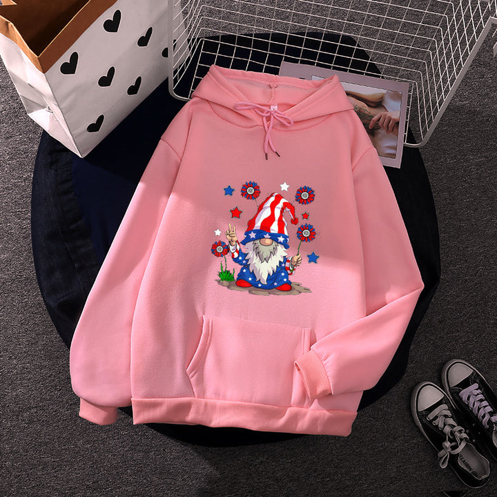 Women's hoodie with patriotic garden gnome print, brushed fleece lining, oversized cut, and kangaroo pocket Mune Fashion