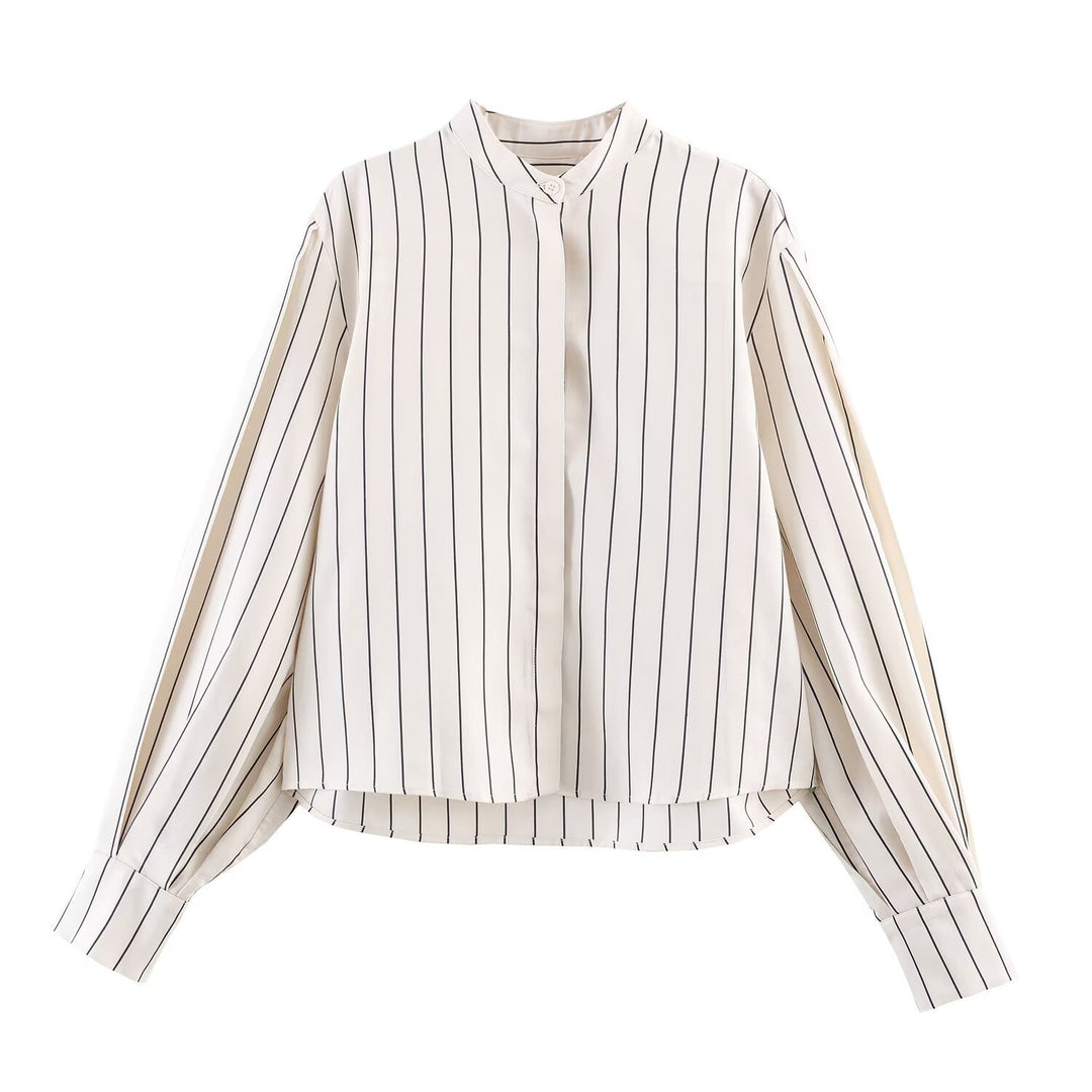 Women's Two-Piece Casual Pinstripe Set: Stand Collar Blouse & Loose High Waist Pants Mune Fashion