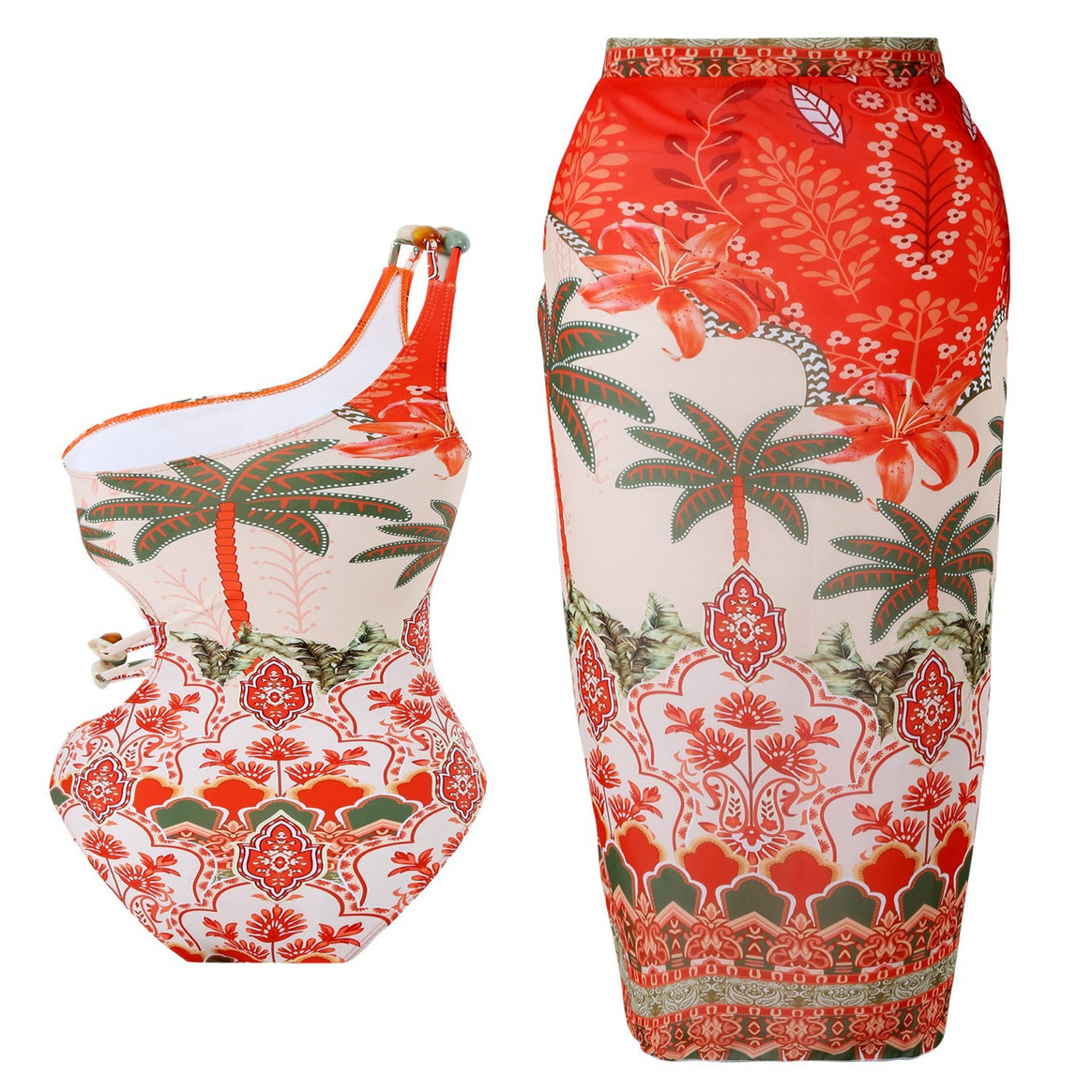 Ladies one-piece swimsuit with fashionable cut-out and matching beach skirt Mune Fashion