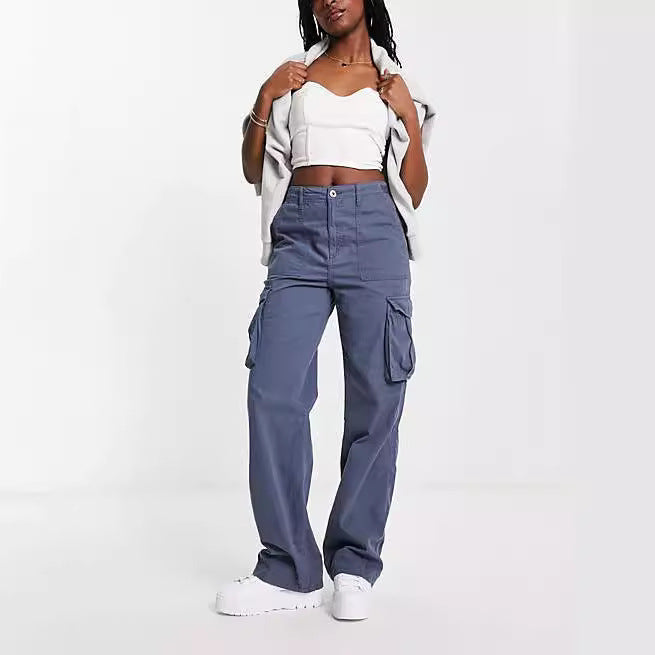 Women's wide High-Waist Cargo Pants with applied flap pockets and straight leg Mune Fashion