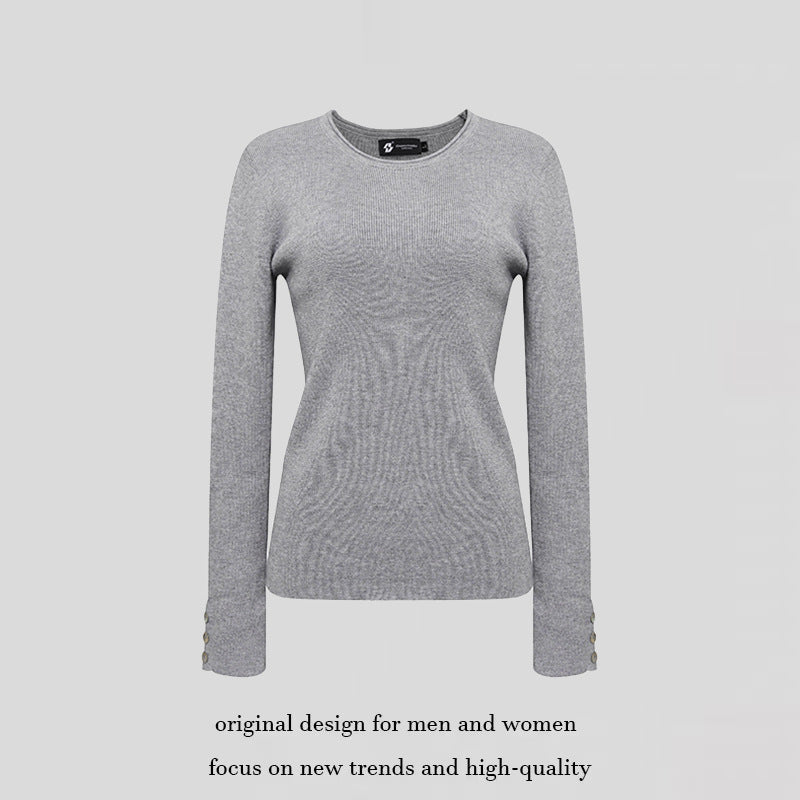 Women's fine knit sweater with round neckline, slim silhouette, and decorative button sleeves Mune Fashion
