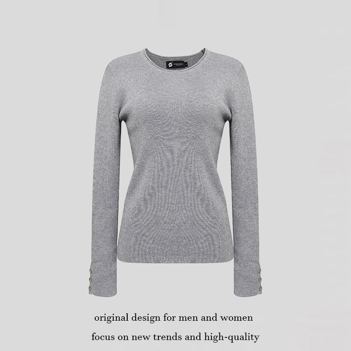 Women's fine knit sweater with round neckline, slim silhouette, and decorative button sleeves Mune Fashion